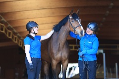 Justiina Tarvonen ja Iina Lampela hoitamassa hevosta
