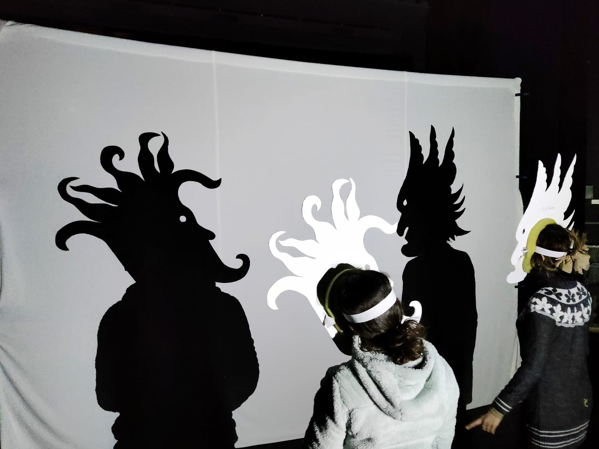 Opiskelijoita harjoittelemassa varjoteatteria.