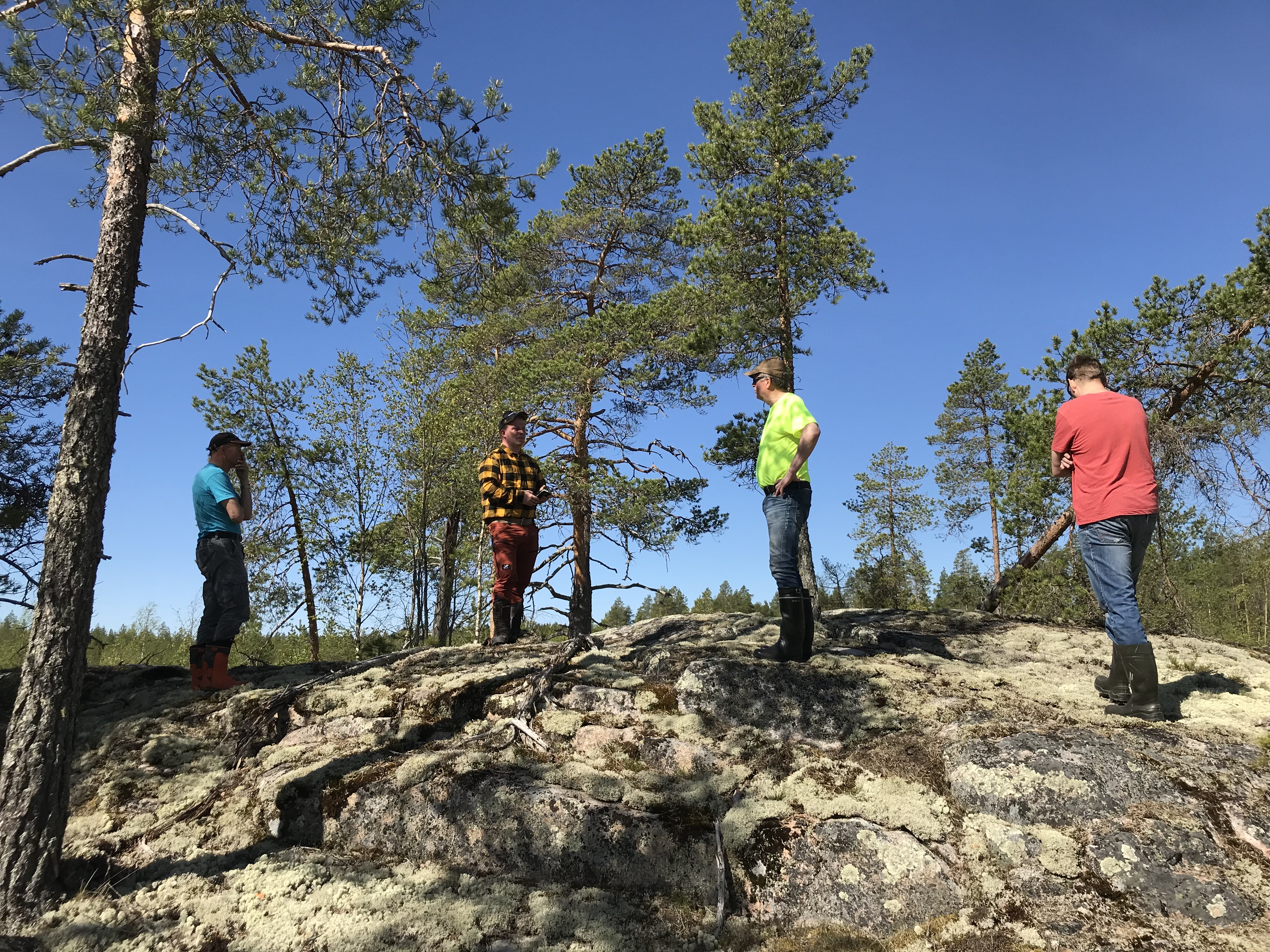 Ihmisiä seisoo jäkäläisellä kalliolla auringonpaisteessa