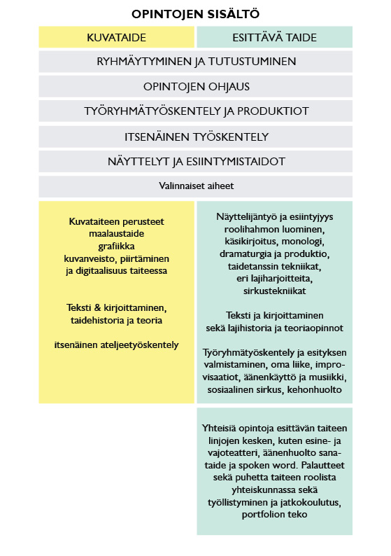 Opintojen sisältö esitettynä taulukossa. Opintojen sisällöt löytyvät myös tekstistä taulukon yläpuolelta sekä alapuolelta. 